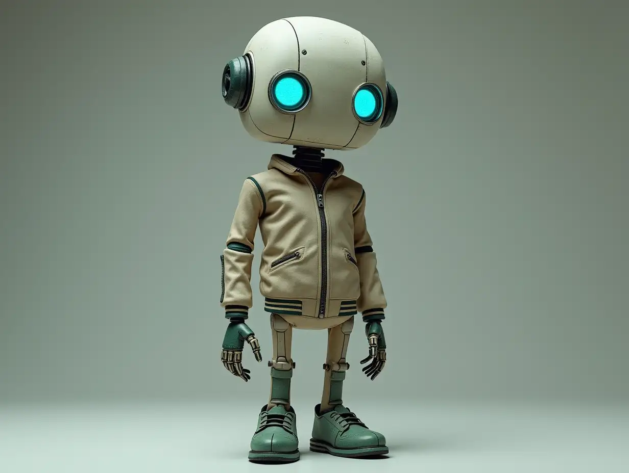 Generate a high-resolution, realistic image of a robot with a skeleton body blue eyes, green leather shoes and head an old tracksuit, in 4K resolution