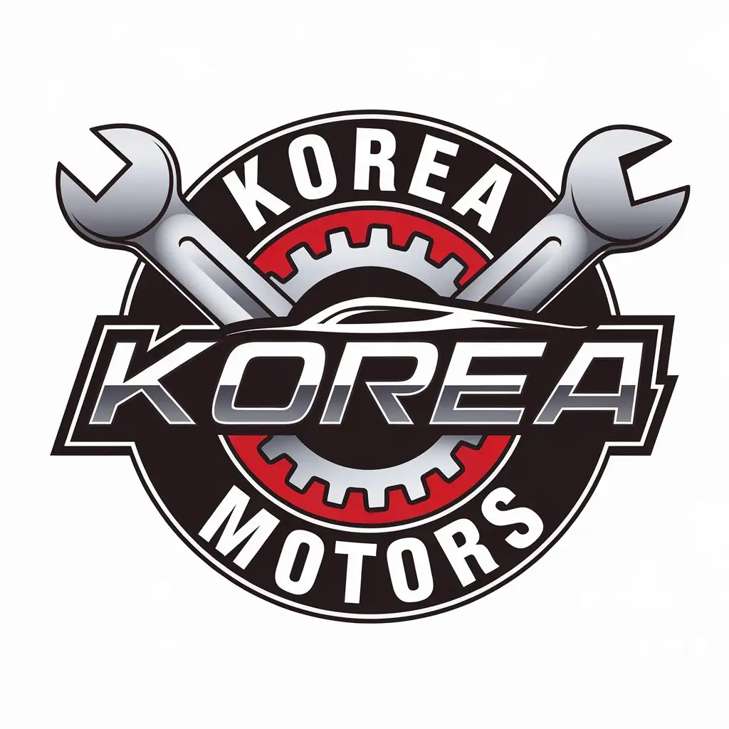 a vector logo design,with the text "Korea Motors", main symbol:Logotype for auto service. Should be drawn motor or tools. Auto service for Korean cars,Moderate,be used in Automotive industry,clear background