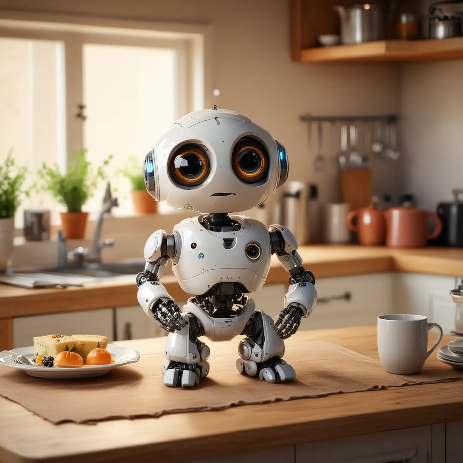 A small, cute robot designed for home assistance. It has a round body, large expressive eyes, and small arms with soft gripping hands. The robot is in a cozy kitchen, helping to set the table with plates and glasses. The scene is warmly lit, giving a welcoming atmosphere.