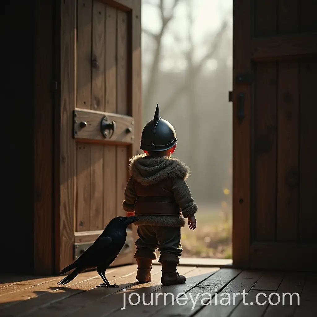 Viking-Baby-AI-ImageOneYearOld-Baby-in-Viking-Costume-with-Raven-by-Wooden-Door