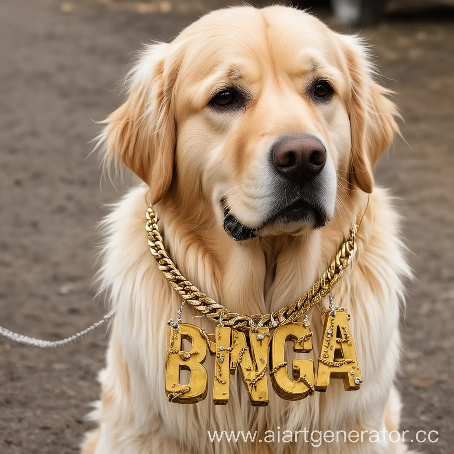 Golden retriever with “big nigga” wrote on a gold chain and soft almost white yellow hair
