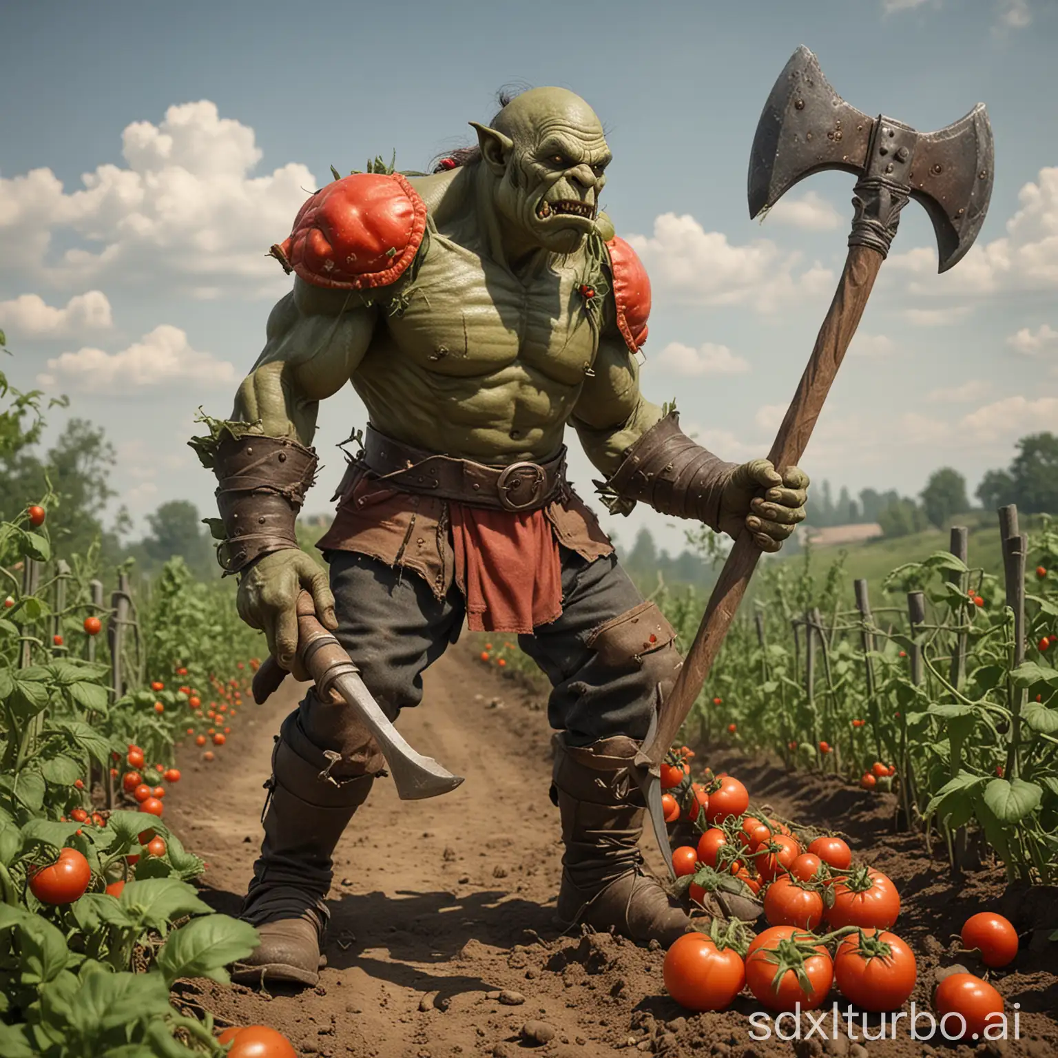 SemiOrc-Farmer-Wielding-a-TwoHanded-Battleaxe-for-Tomato-Cultivation