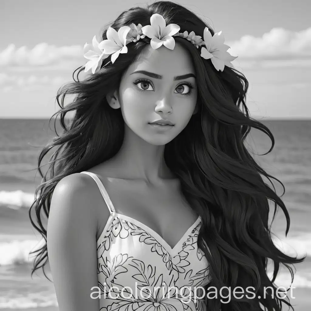 Hawaiian-Woman-Gazing-at-the-Ocean-with-Fiery-Flower-in-Hair