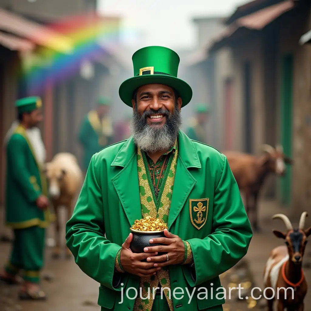 Imam-in-St-Patricks-Day-Costume-Surrounded-by-Goats-and-Leprechauns-in-Dhaka-Slums