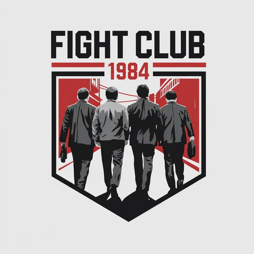 a vector logo design,with the text "fight club 1984", main symbol:4 guys are walking behind each other on the street view from behind. Atmosphere from the book 1984 and the film Fight Club white background,Moderate,clear background