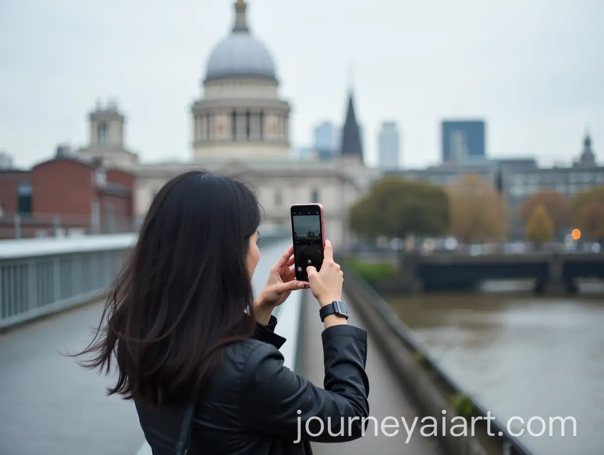 Lady-with-Black-Long-Hair-on-Millennium-Bridge-Facing-St-Pauls-Taking-Picture-with-Mobile-Phone