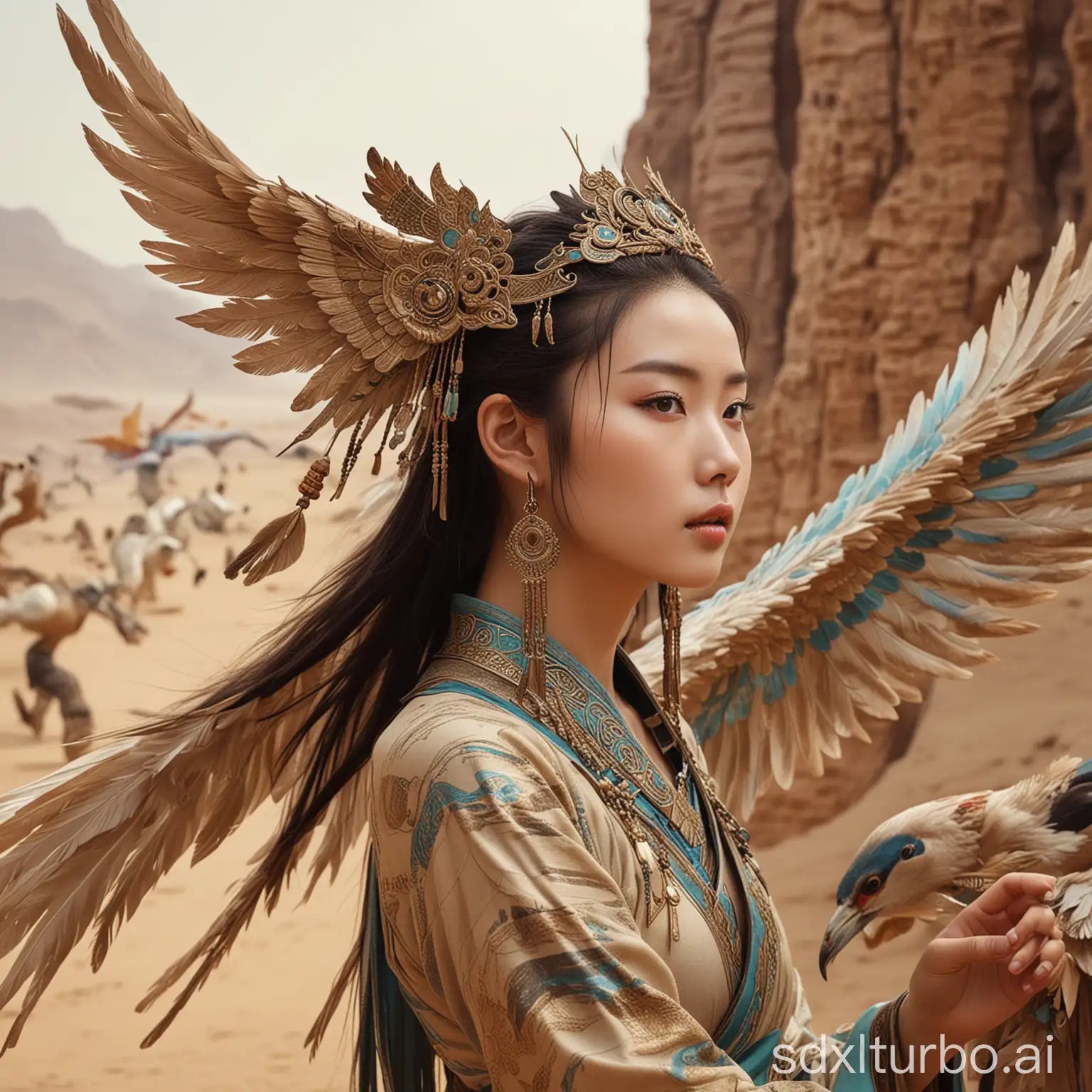 user_prompt: Chinese myth, fantasy, Dunhuang flying heaven, human face, bird wings, bird body, bird claws, feathers, tribal totem, desert scenery, handsome facial features