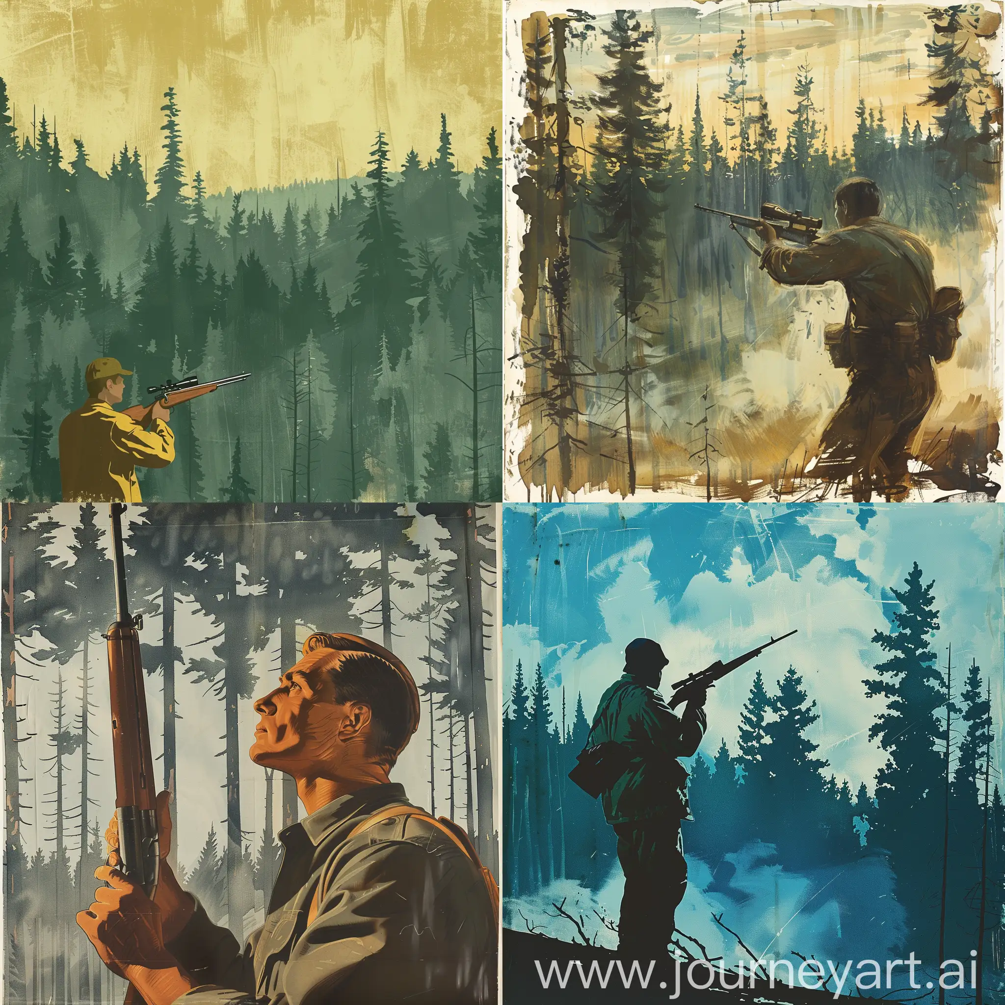 Finnish-Retro-Propaganda-Poster-Man-with-Rifle-in-Northern-Forest