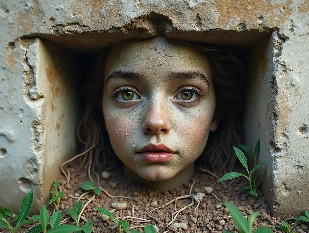 Face transformed into building with roots