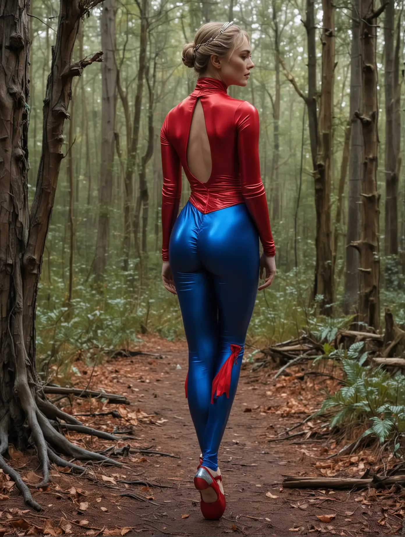 Cersei Lennister, von hinten, in einem glänzenden roten Turtleneck Long Sleeve Dance Leotard with Skirt, blauen glänzenden leggings, mit silbernen Ballettschläppchen, zwischen zwei Bäumen gekreuzigt, im Wald