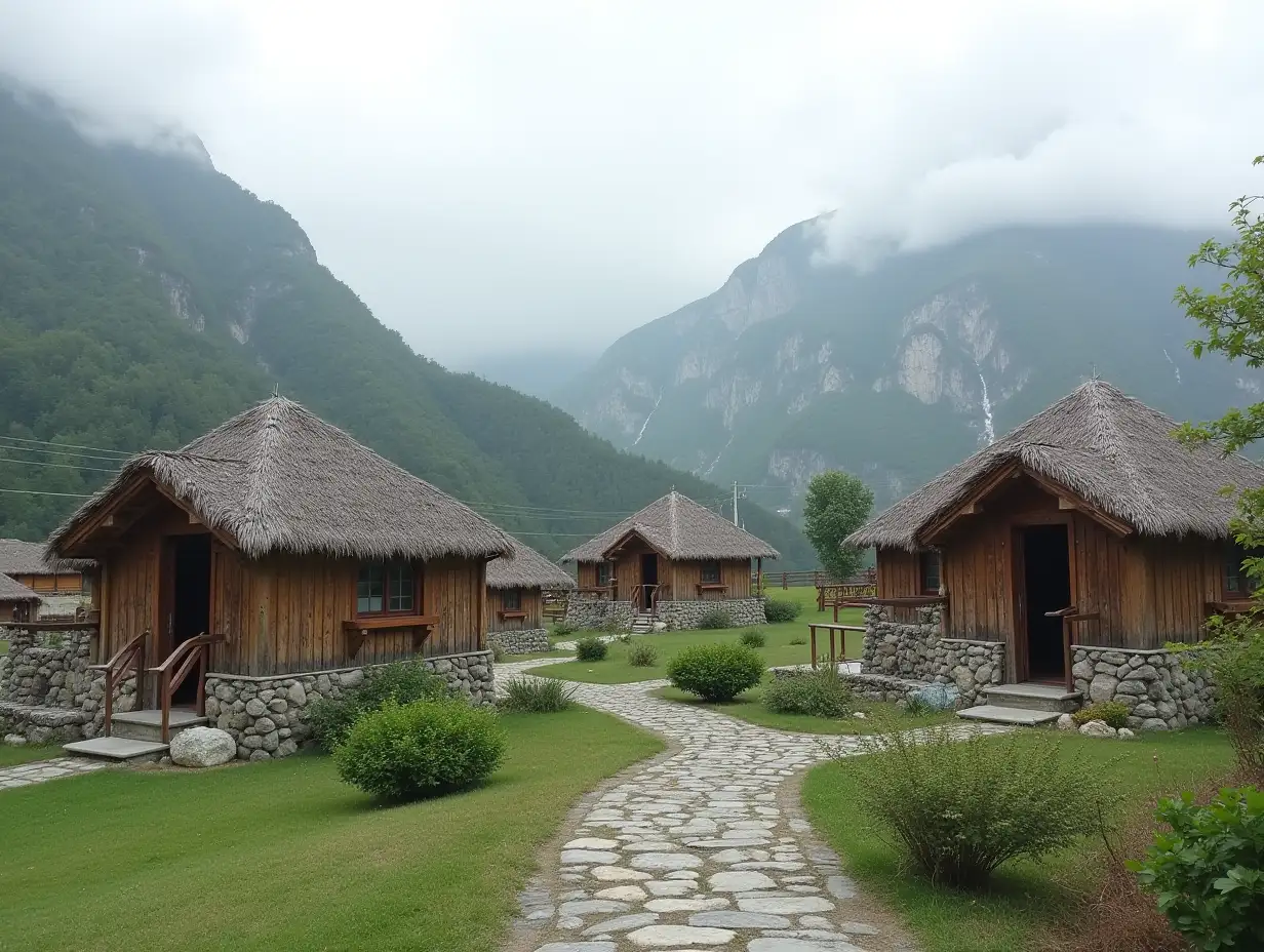 a photo of a small houses like a resort with a characteristic design located in tomorr mountain influenced by the architecture of the city of Berat and the legend of Mount Tomorr as the holy mountain