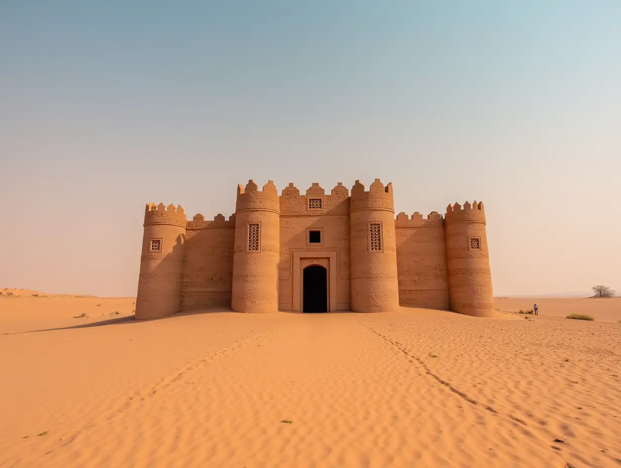 Tomb Lihyan Son of Kuza, Lonely Castle or Qasr al-Farid at Hegra, Saudia Arabia - most popular landmark in Mada#x27in Salih archaeological site, sandy desert landscape around - toned in orange pink