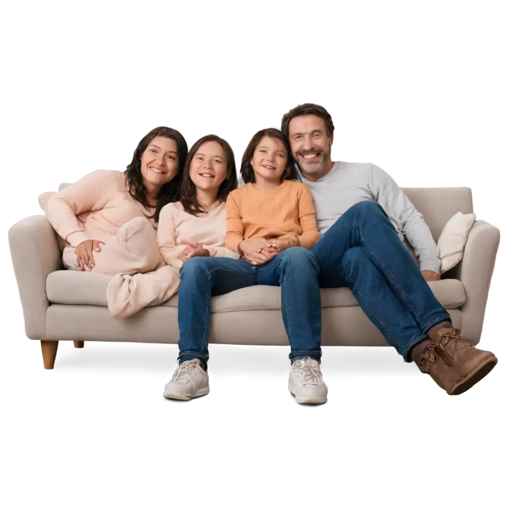 Feature a happy family of four sitting on a cozy couch