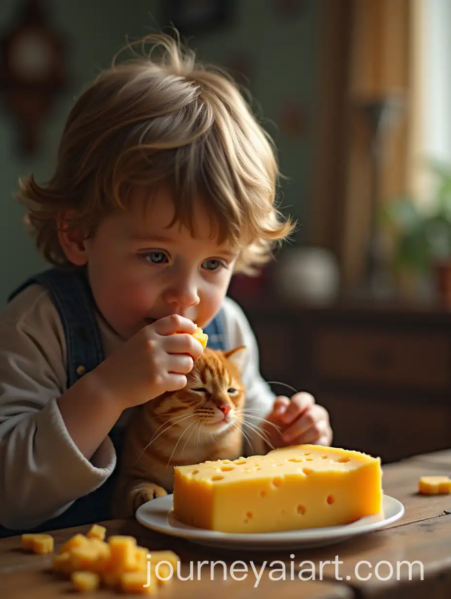 Child-Smelling-Cat-and-Eating-Cheese-with-War-Background