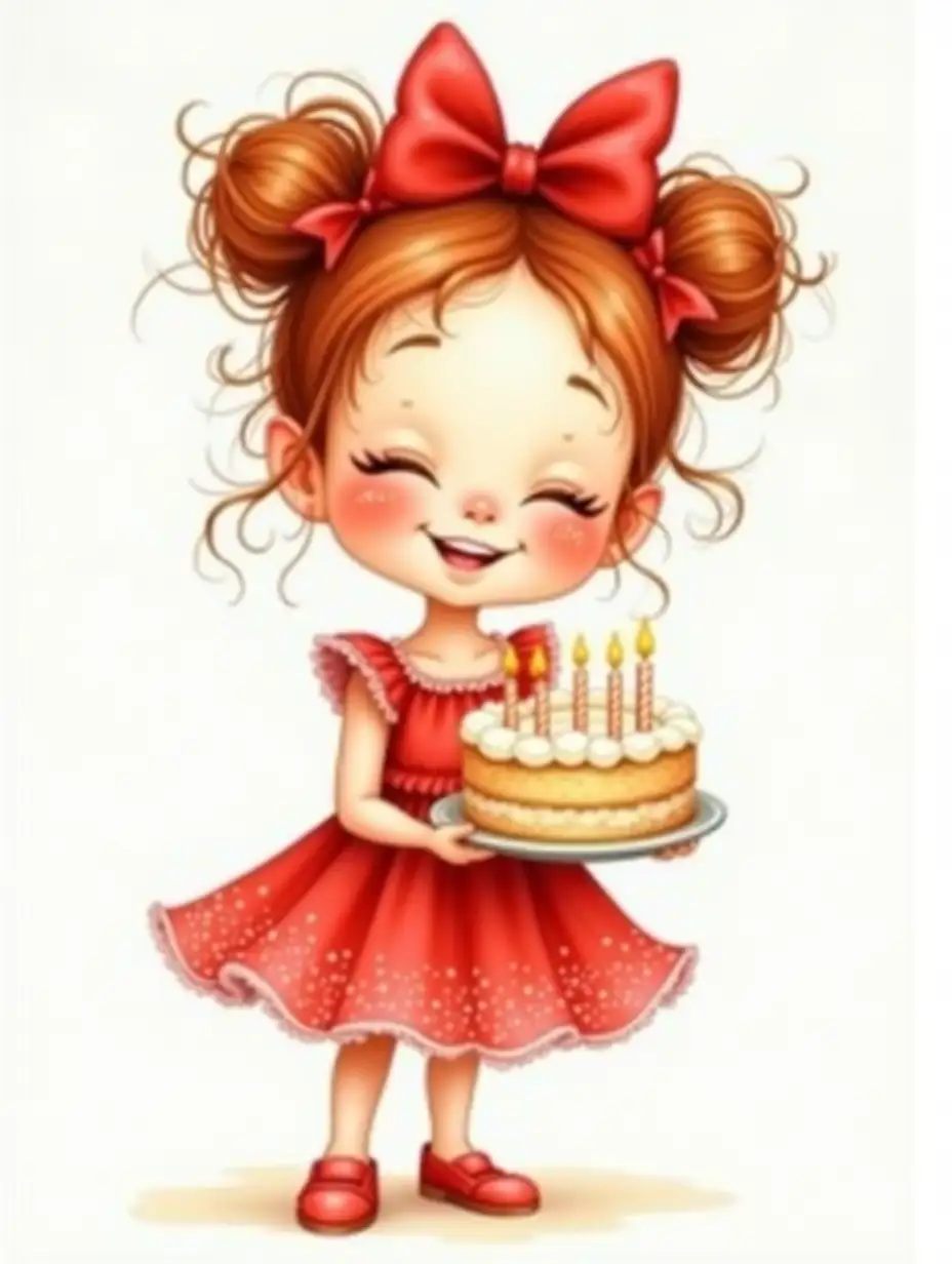 A caricatured tender funny girl in full growth, European appearance DreamWorks, reddish curls gathered in careless buns, drawing of eyelashes, closed eyes, rosy chubby cheeks, freckles, laughing playfully. On her head is a large red bow, dressed in a red fluffy airy dress with glitter, shoes on her feet. Holds a beautiful cream cake with candles on a plate, watercolor, ink drawing, beautiful, 4k, high detail photorealistic airy realistic watercolor, photorealism, wide strokes