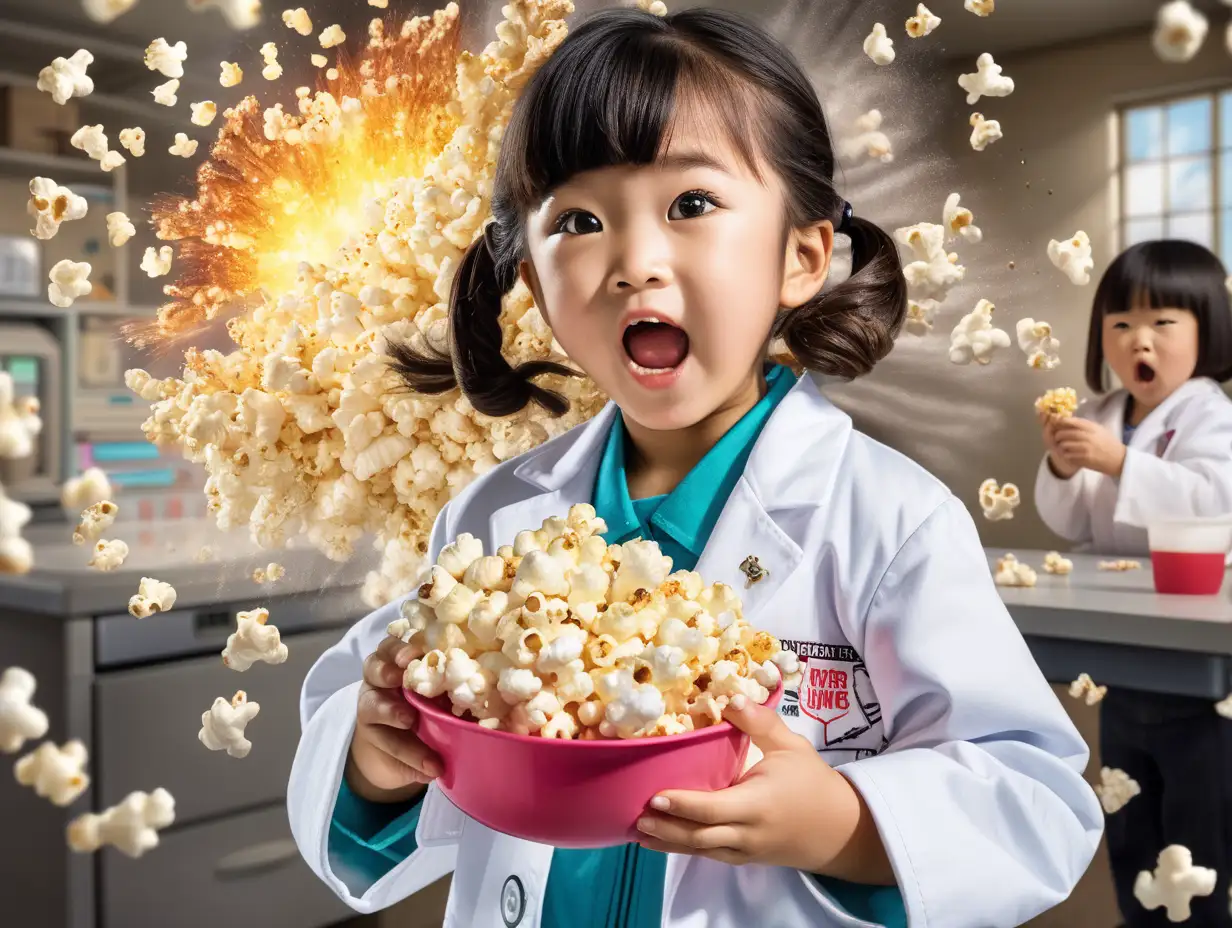 Asian Girl in Physics Lab Coat with Exploding Popcorn