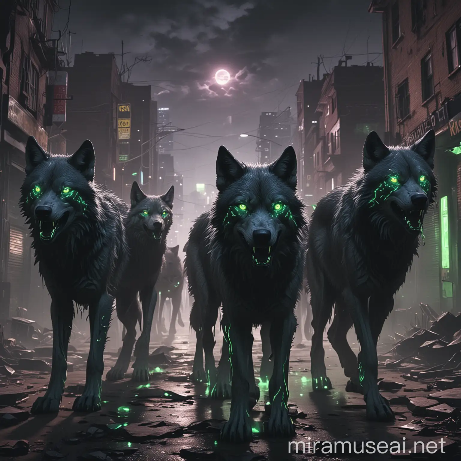 Pack of Wolves with Neon Green Eyes Approaching in a Virtual City