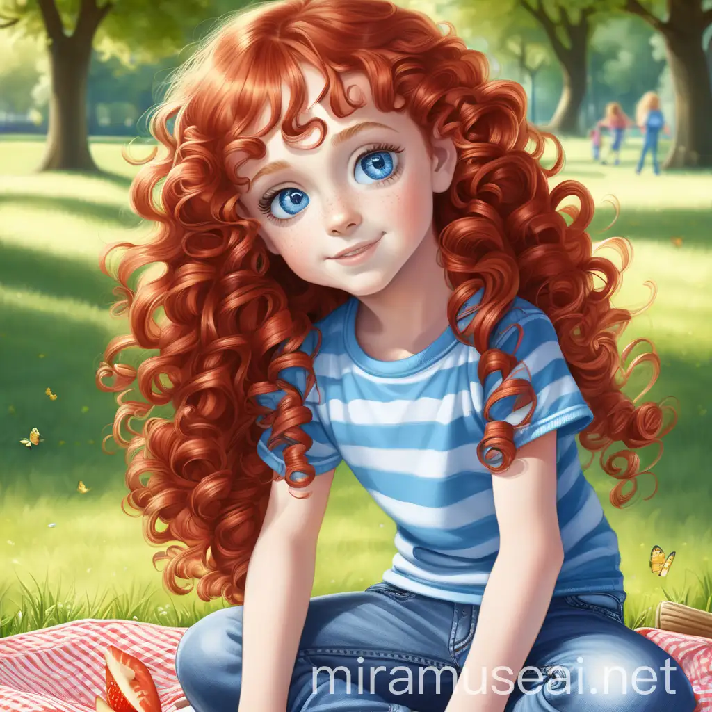 Playful Picnic in the Park with a BlueEyed Girl in Red Stripey TShirt