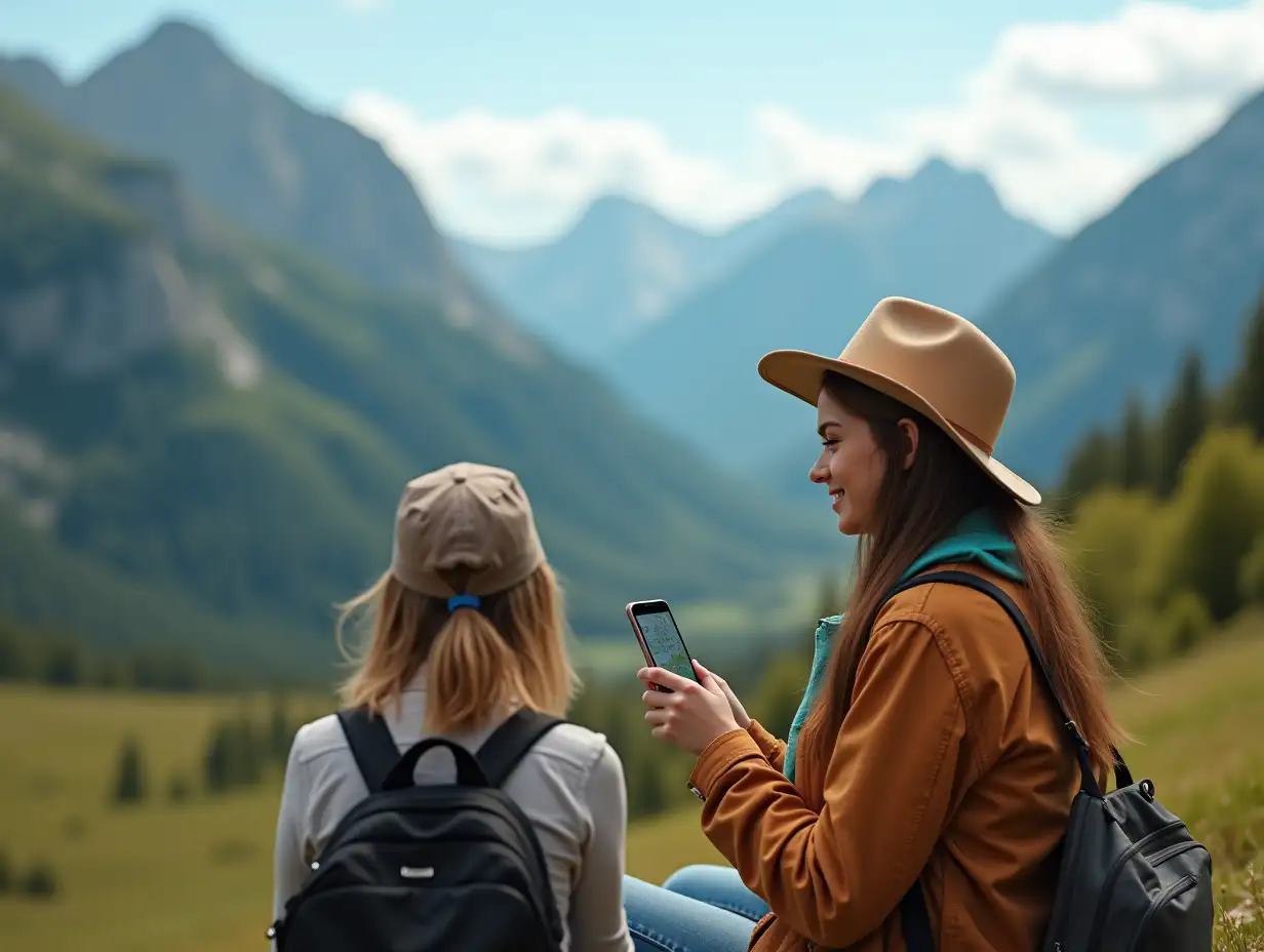 cute girl traveler in hat resting during vacation in nature and plans route online map in smartphone, tourist girl uses mobile phone while enjoy vacation on background of panorama mountain landscape