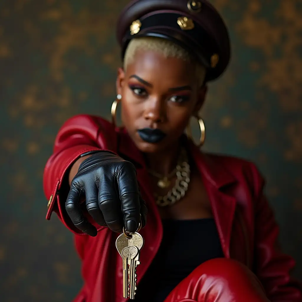 female African rap artist holding little keys towards viewer, shaved head, red leather motorcycle boots, leather gloves, blonde shaved head, black lipstick, leather military hat