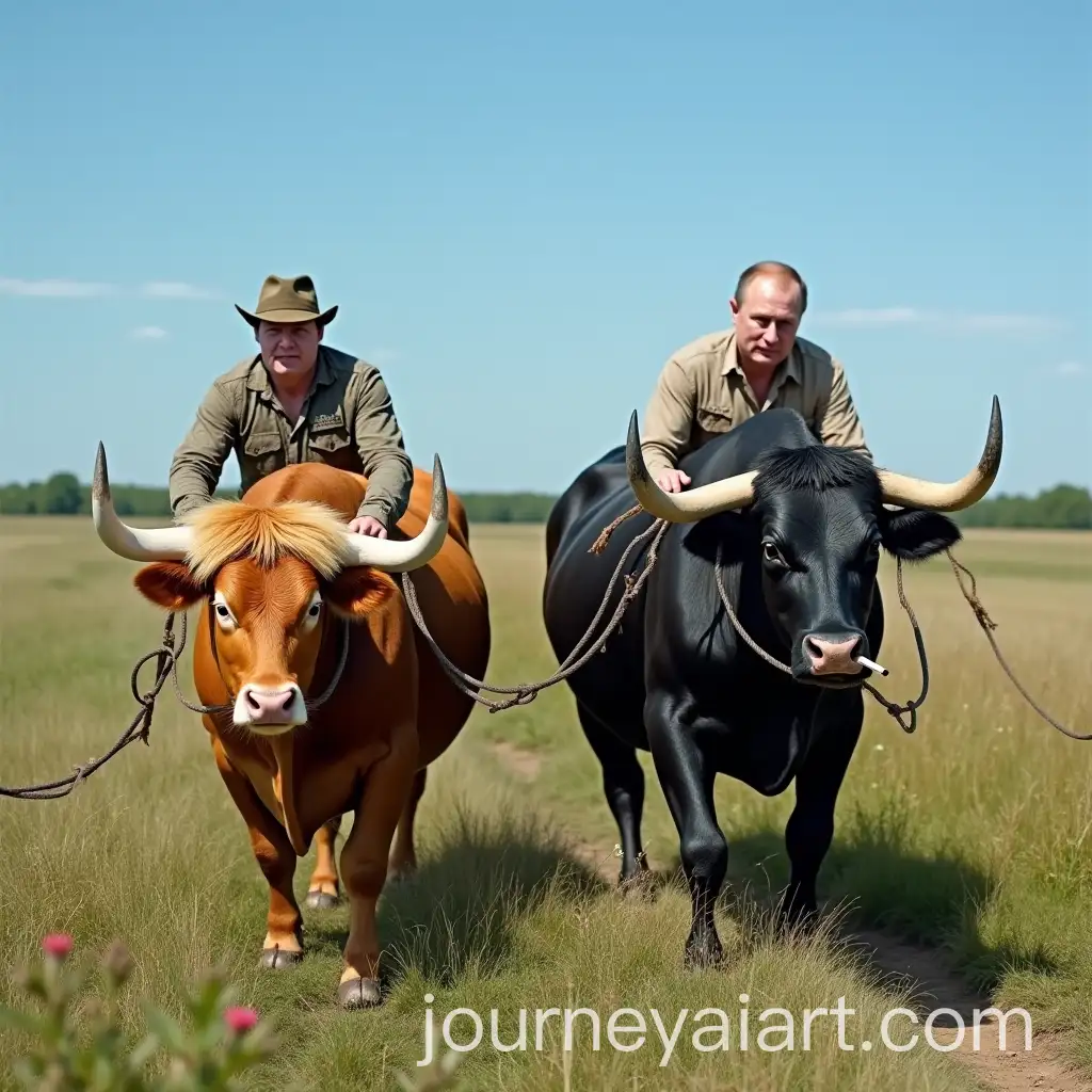Donald-Trump-and-Elon-Musk-as-Bulls-Led-by-Vladimir-Putin-in-a-Rustic-Field