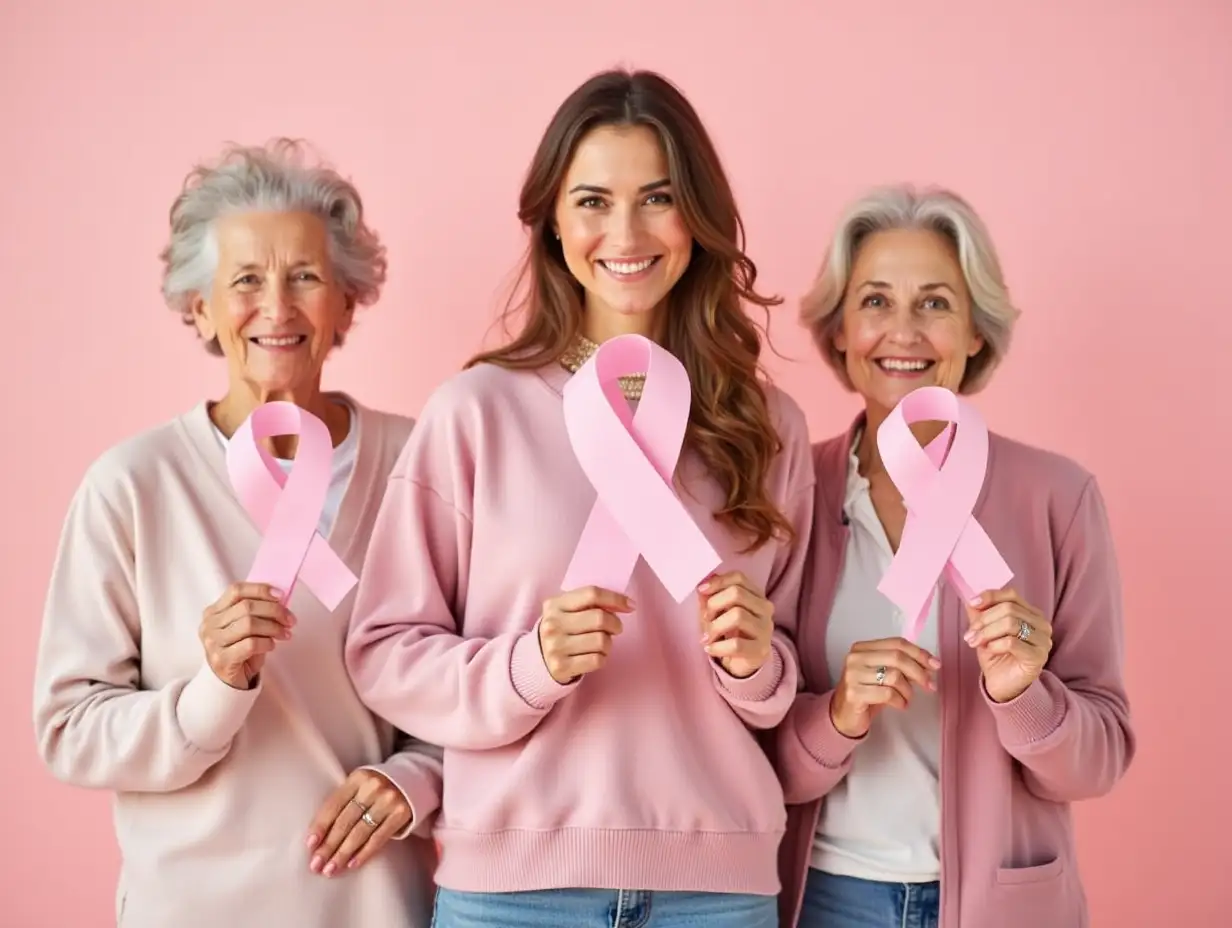 Beautiful women of different ages holding pink paper ribbon on color background. Breast cancer concept