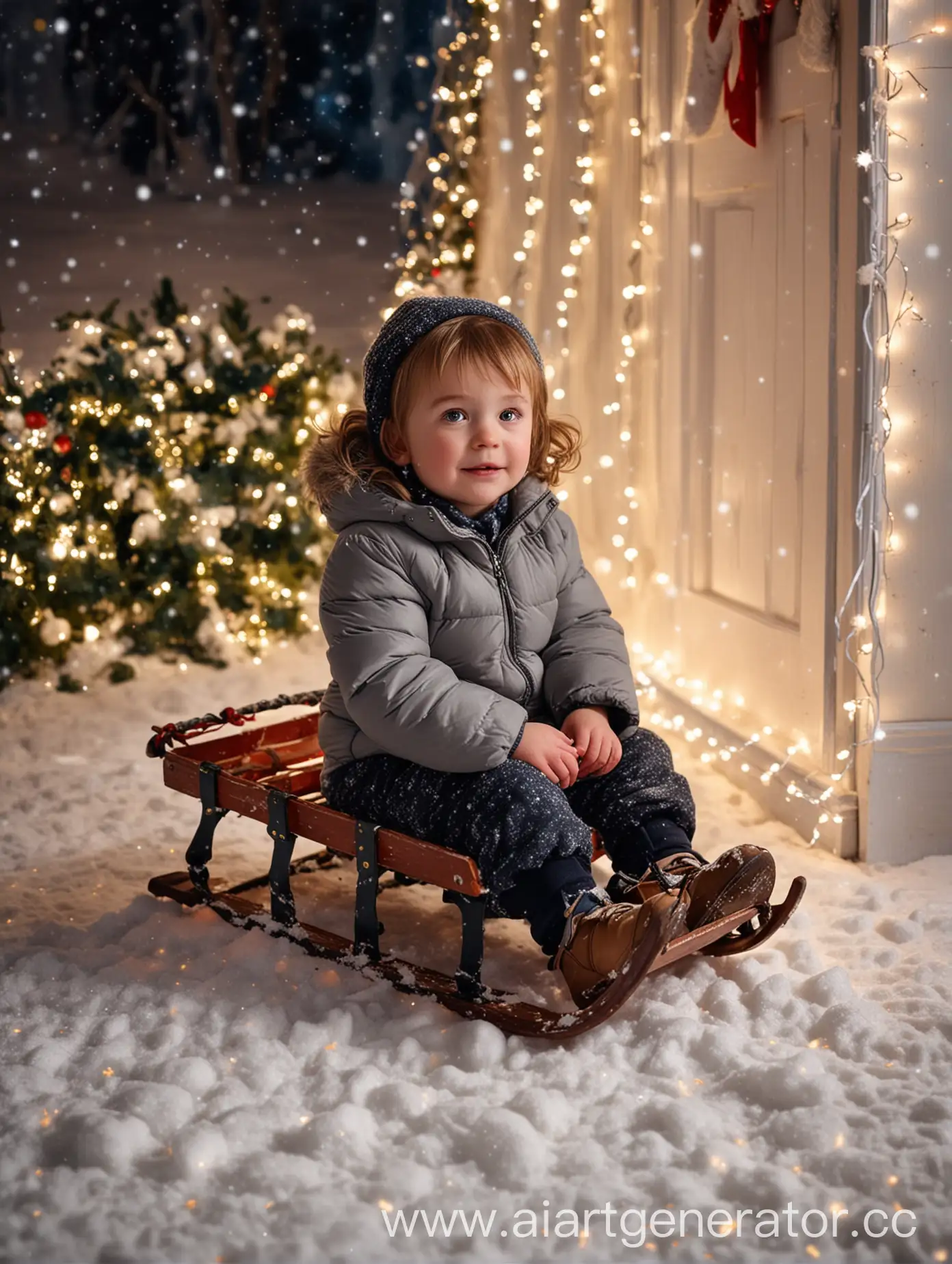 Child-on-Sled-in-Winter-Wonderland-with-Christmas-Decorations