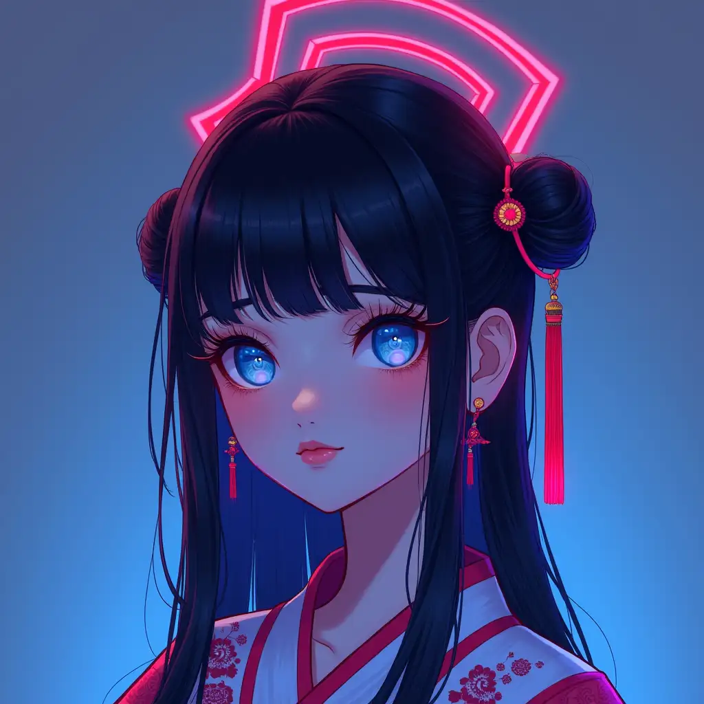 colorful,neon lights, Cyberpunk beauty, 1girl, artist name, bangs, blue eyes, closed mouth, earrings, eyelashes, face, glowing, gradient, gradient background, hair ornament, hair stick, halo, jewelry, lips, long hair, looking at viewer, makeup, mascara, portrait, simple background, solo, tassel, upper body, cyberpunk, 3d, neon light, Bagua, Tai Chi, future technology, glow, glow effect, high detail, best quality, Tang Dynasty clothing, hanfu, Hua Dan of Opera