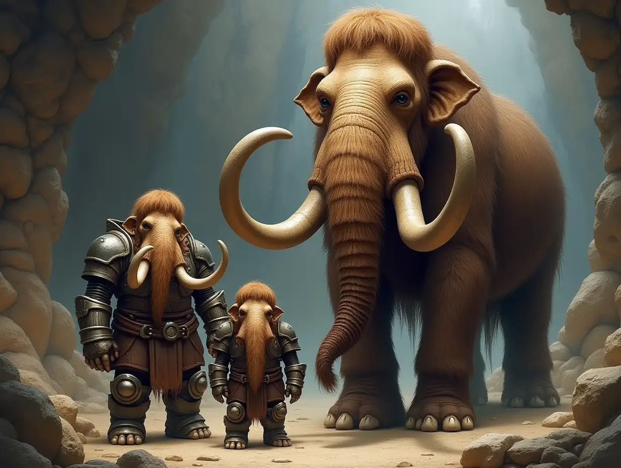 Cave-Family Fantasy, Mammoth Mom, and children giant mammoth faces with beard and stainless steel armor equipment