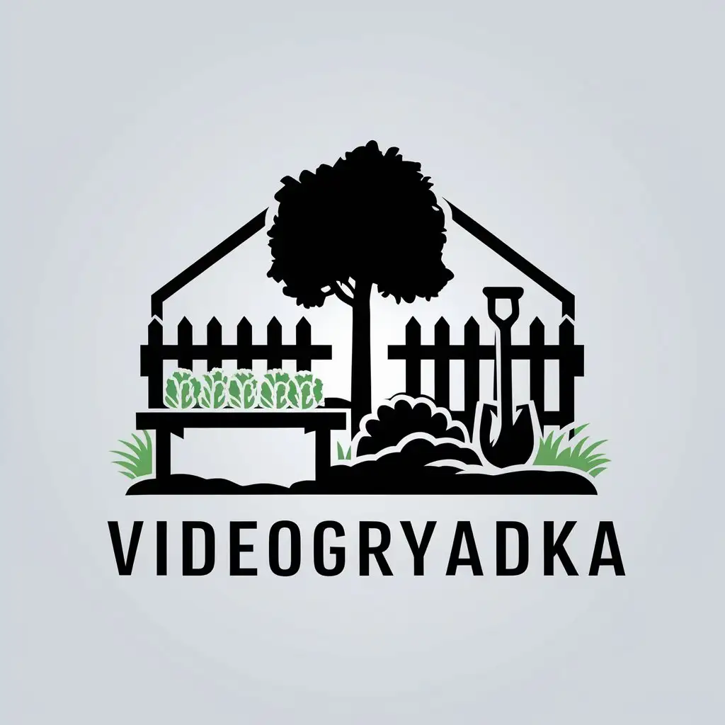 LOGO-Design-for-Videogryadka-Vegetable-Garden-Theme-with-Shovel-Tree-and-Fence-Elements