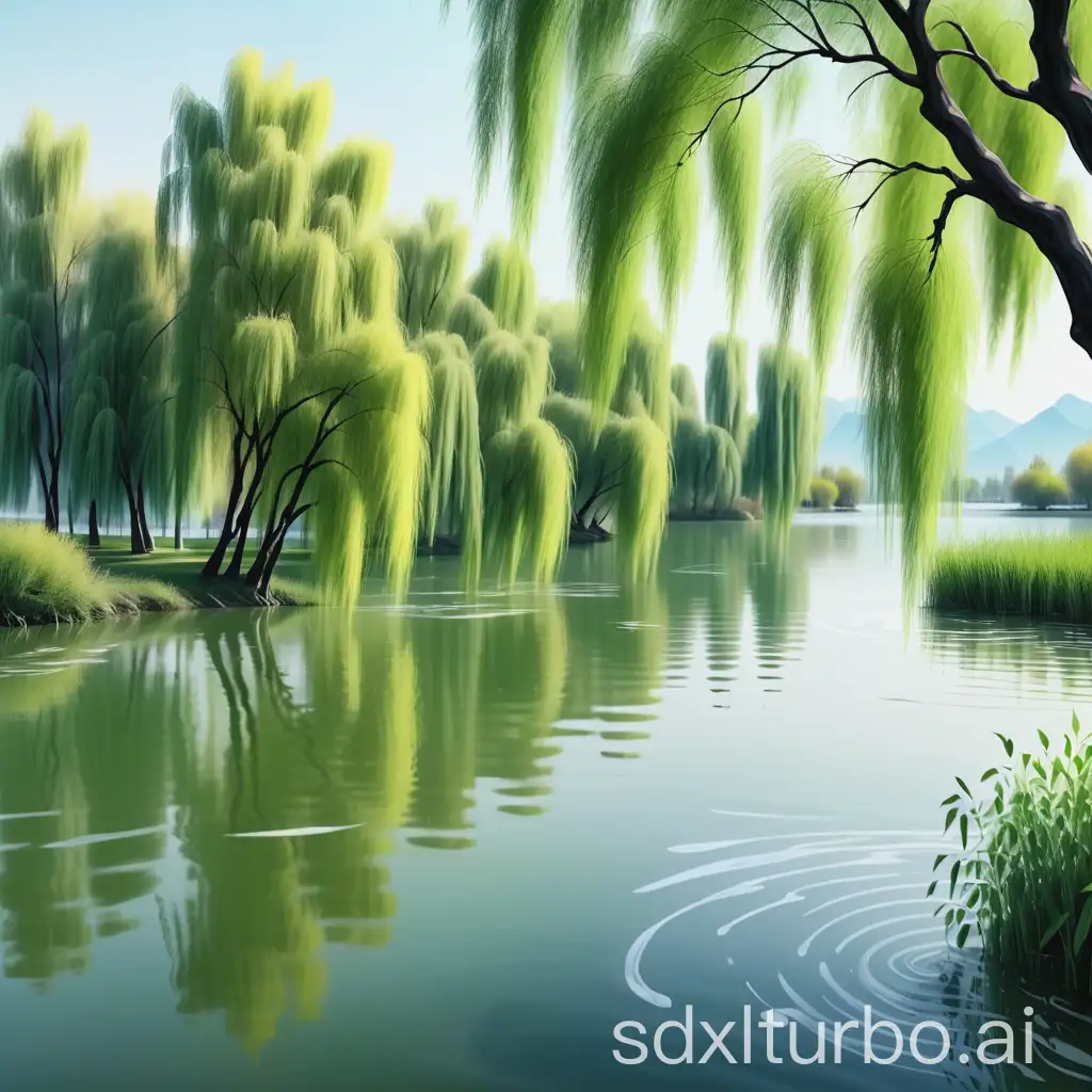 Willow-Trees-by-the-Lake-with-Fluttering-Petals-in-Chinese-Water-Ink-Style