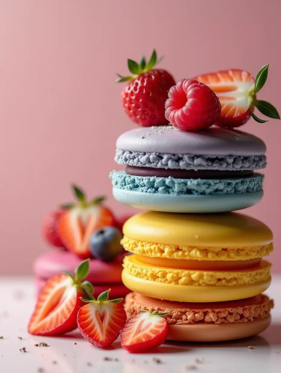 various macaron cookies arranged so beautifully maybe, some are colored like raspberry,some are colored like blueberry,colored like mango,colored like strawberry,with its fruits that have been cut or decorated on the edges