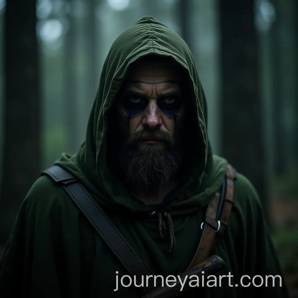 Mysterious-Bearded-Man-with-Warpaint-in-Dark-Forest-at-Night