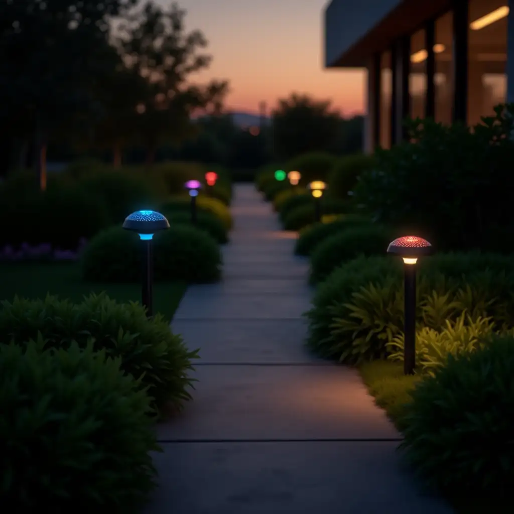 Modern-Garden-Pathway-at-Sunset-with-Colorful-Lighting-and-Tranquil-Atmosphere