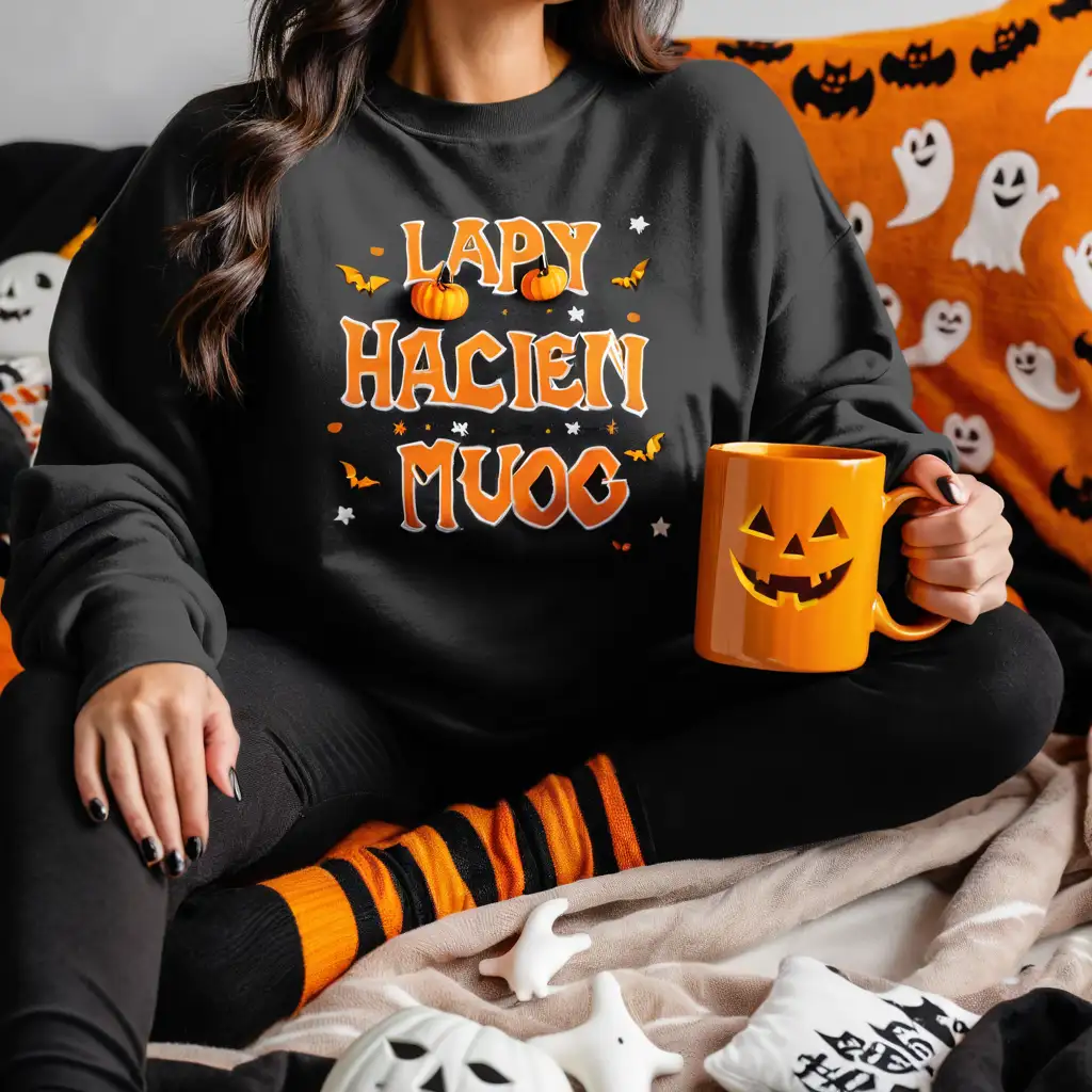 Cozy Halloween Sweatshirt Mockup with Female Model Socks Blankets and Mug