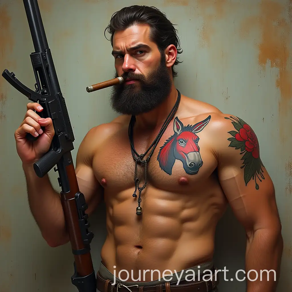 Bearded-Muscular-Man-with-Rifle-and-Cigar-Featuring-Red-and-Blue-Donkey-Tattoo
