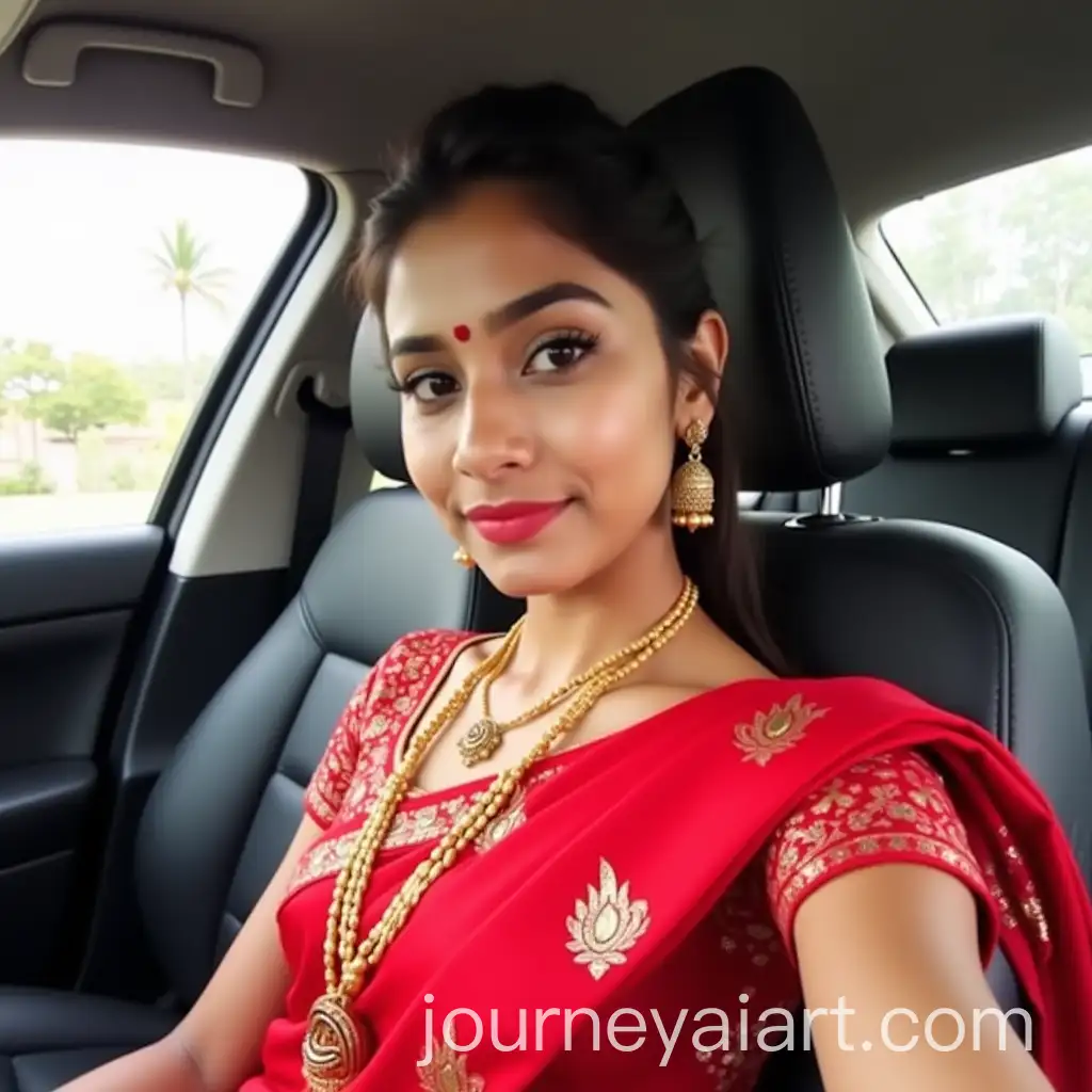 Beautiful-Indian-Girl-in-Red-Silk-Saree-Taking-Selfie-in-Car