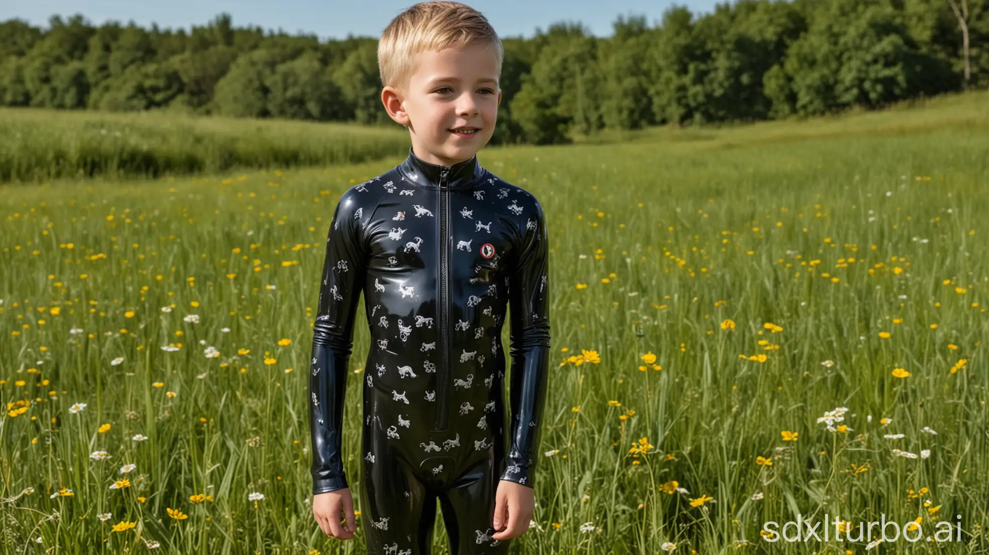 6 yo short-haired boy in a tight black shiny full rubber suit with dog pattern print in a meadow