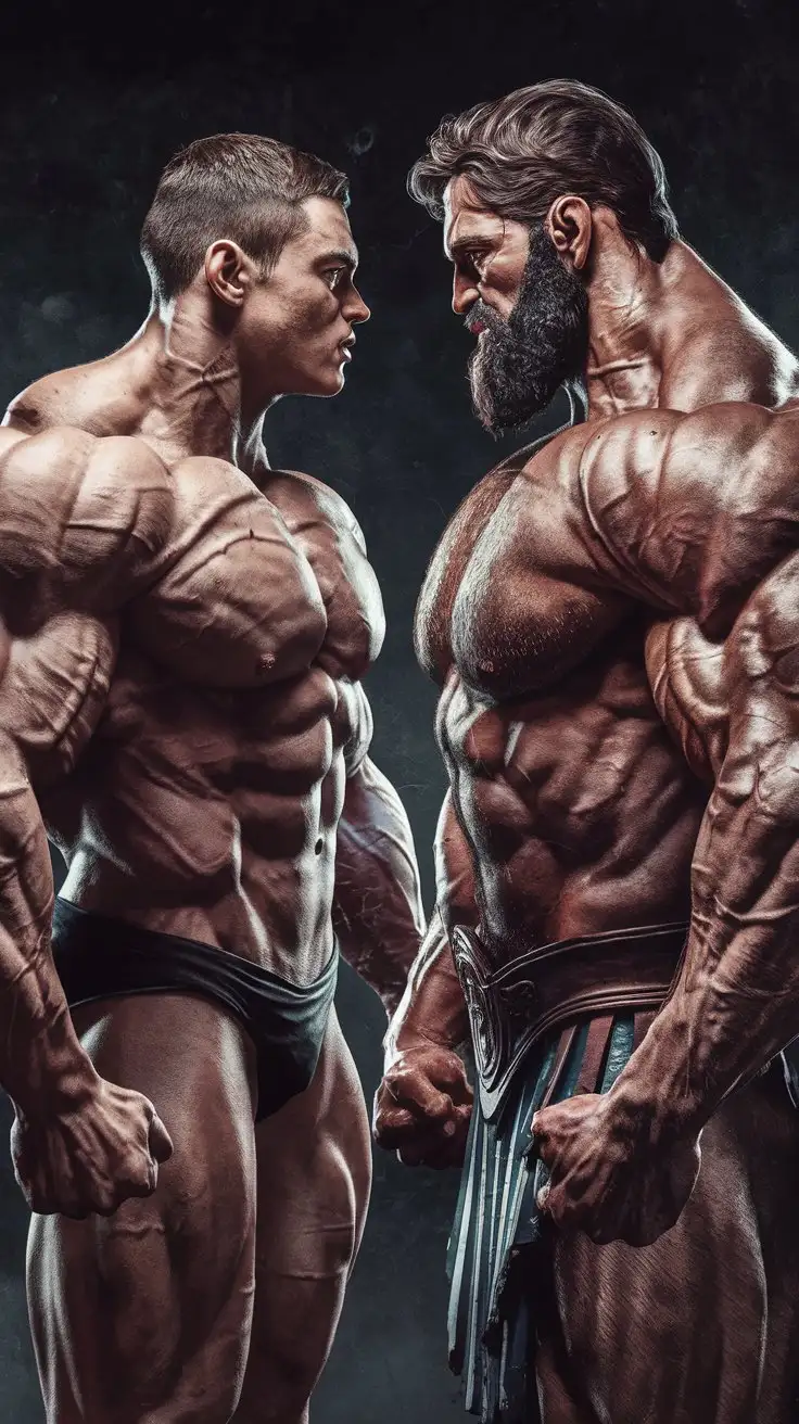 Powerfully muscled, hugely ripped, pumped, superhuman 20-year-old man stands bravely in the dark, face to face with Hercules. Photorealistic.