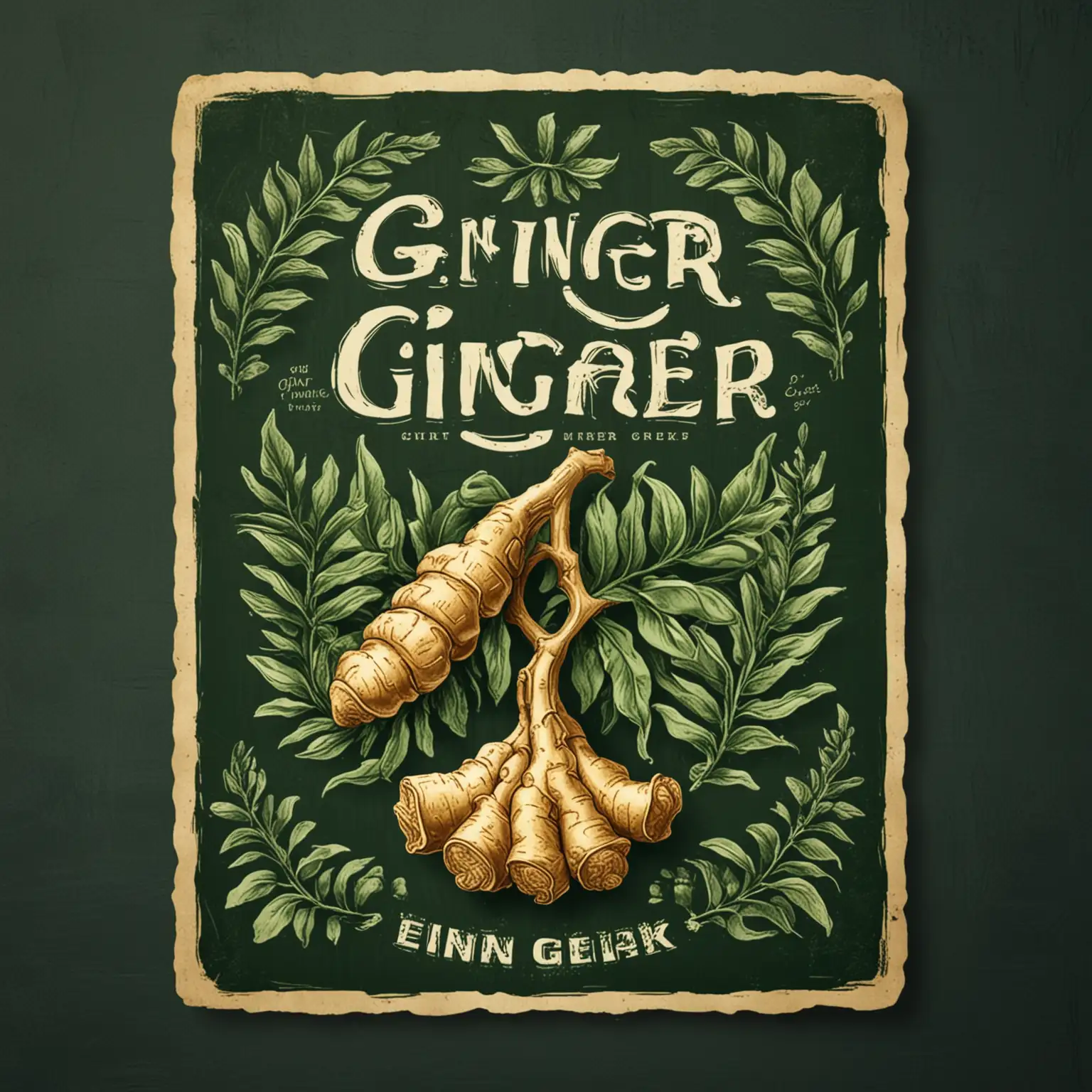 Ginger-Drink-Poster-Label-Design-with-Ginger-Root-on-Dark-Green-Background