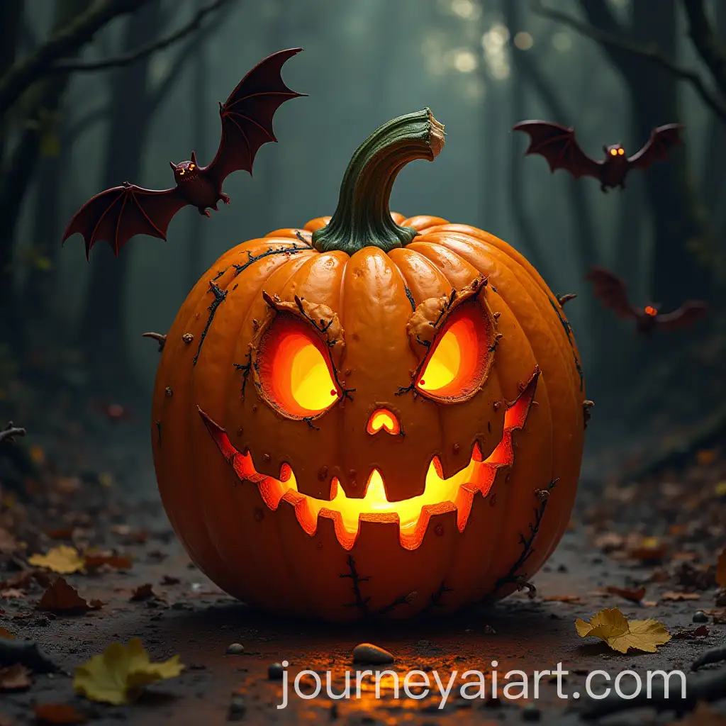 Spooky-Halloween-Scene-with-Small-Monsters-Pumpkins-and-Bats