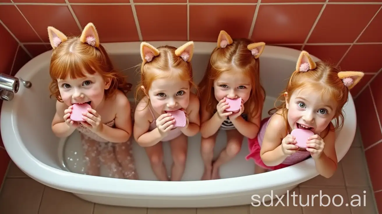 Mother-and-Daughters-in-Preschool-Bathtub-with-Natural-Cat-Fur-Ears-Washing-Together