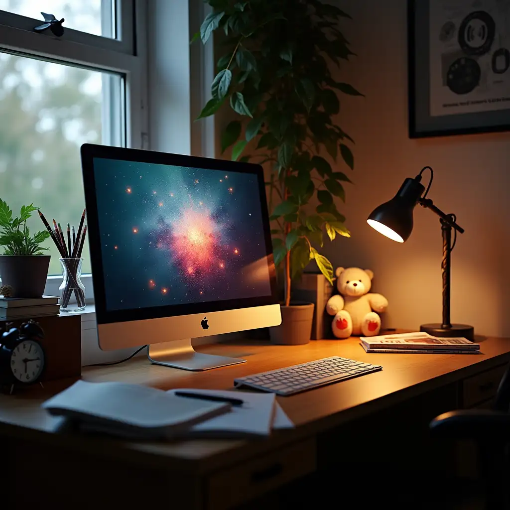 Room with a wooden desk, monitor with color photo, keyboard, glass with pens, behind a box with an alarm clock, books, teddy bear, left a window with a windowsill and plants, pencil, magazine, table lamp glowing