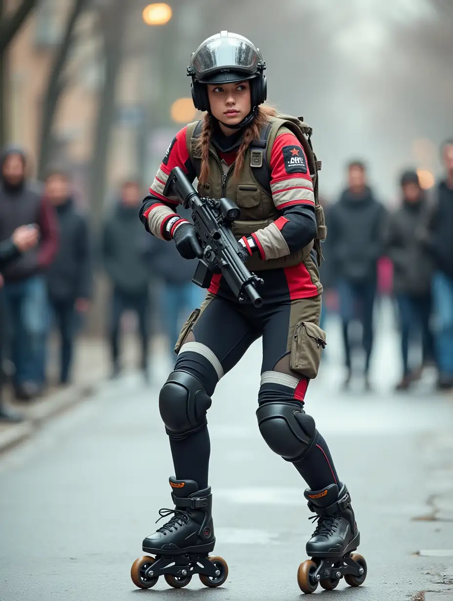 a 17 year old airsoft geared woman at a distance, she is skating on a street, holding a weapon, ordinary people in background, clothes have racing colors, she is wearing lots of functional sportswear, cycling gloves, airsoft helmet with transparent visor over eyes, smartwatch, thick plastic knee pads, modern inline skates with complete organized wheels