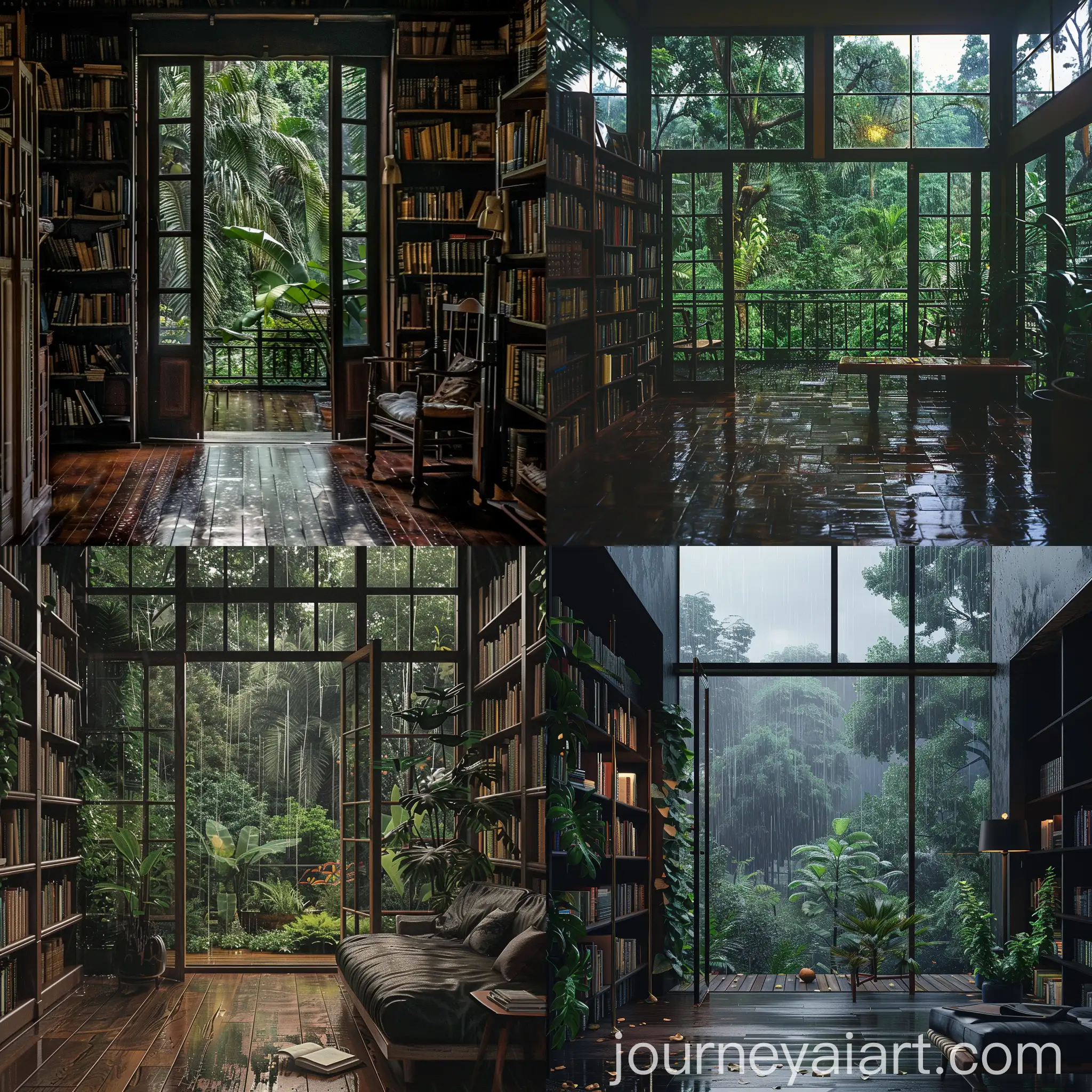 Cozy-Home-Library-with-Veranda-Facing-Jungle-in-Rain