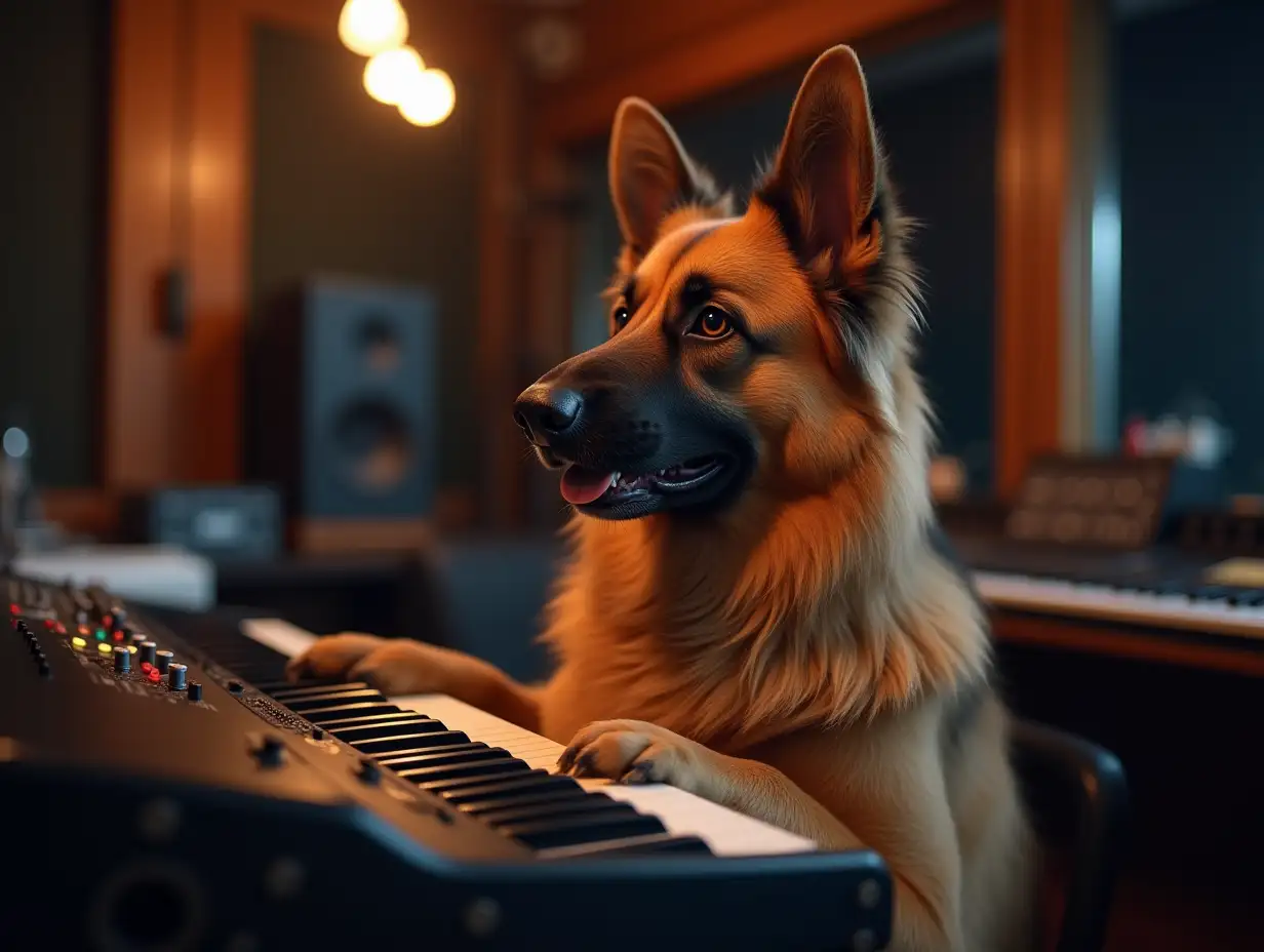 German-Shepherd-Playing-Synthesizer-in-Professional-Music-Studio