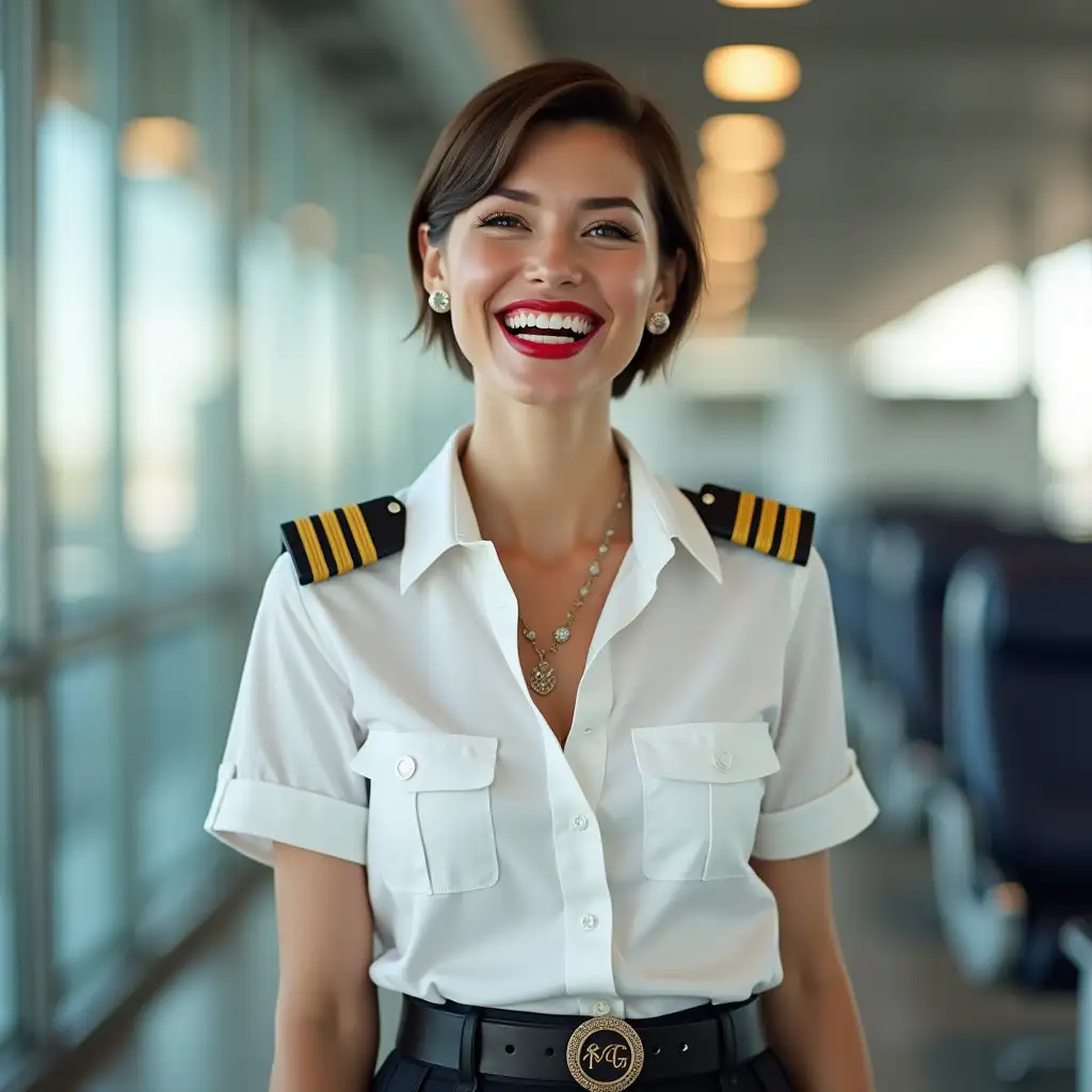 german lady , in white deep-necked pilot button shirt, decolte, laughing with her mouth open, red lipstick accentuating her smile,belt on waist, big wide hips, chest are fully grown, jewerly, short hair, HD, airport, photo-realism