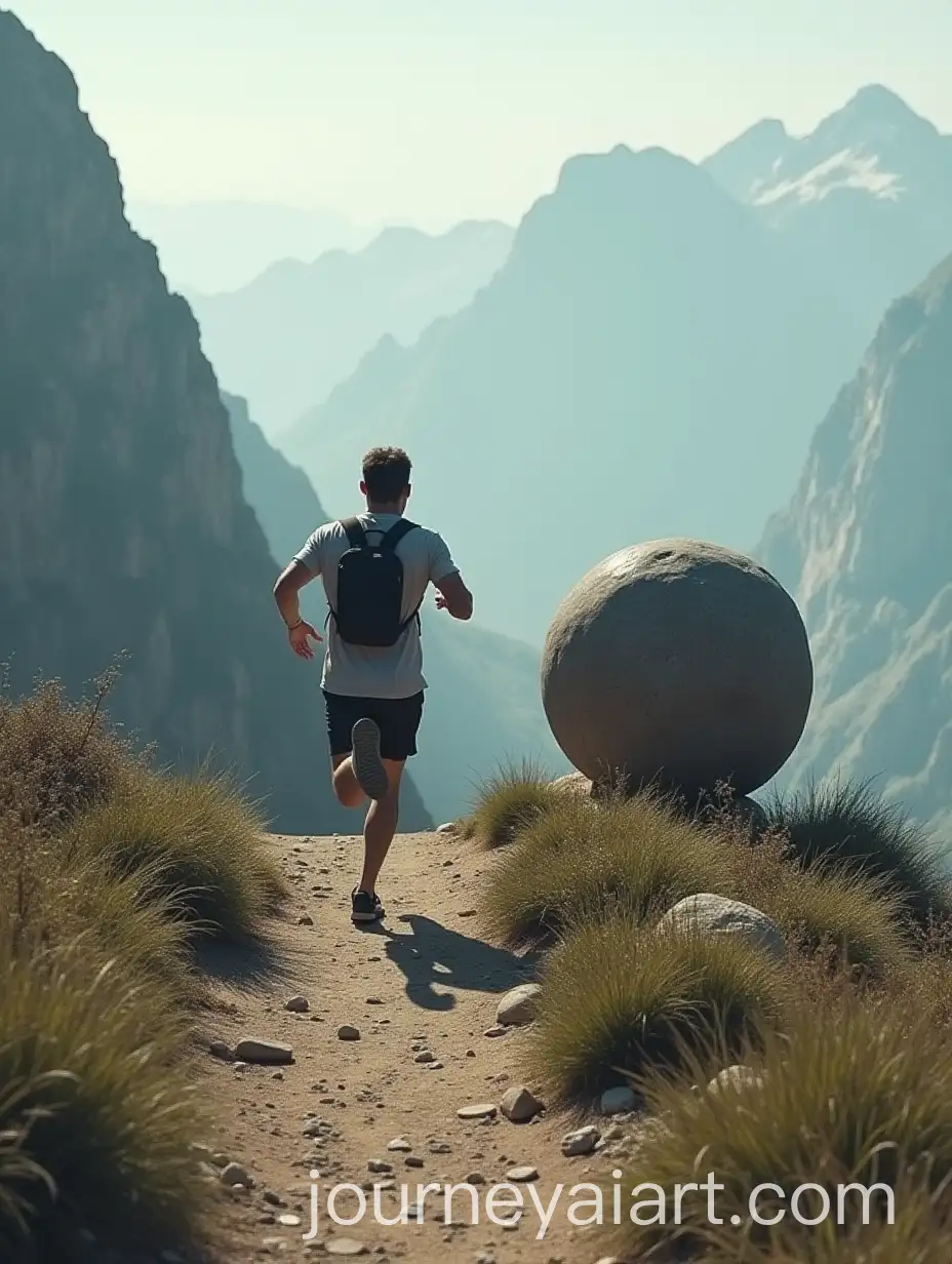 Man-Running-Down-Mountain-with-Rolling-Stone-Pursuer