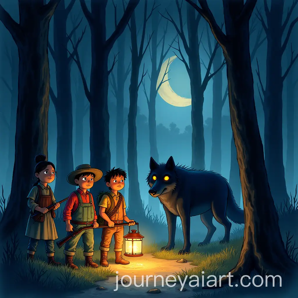 Farmers-with-Lanterns-Confronting-a-Mysterious-Forest-at-Night