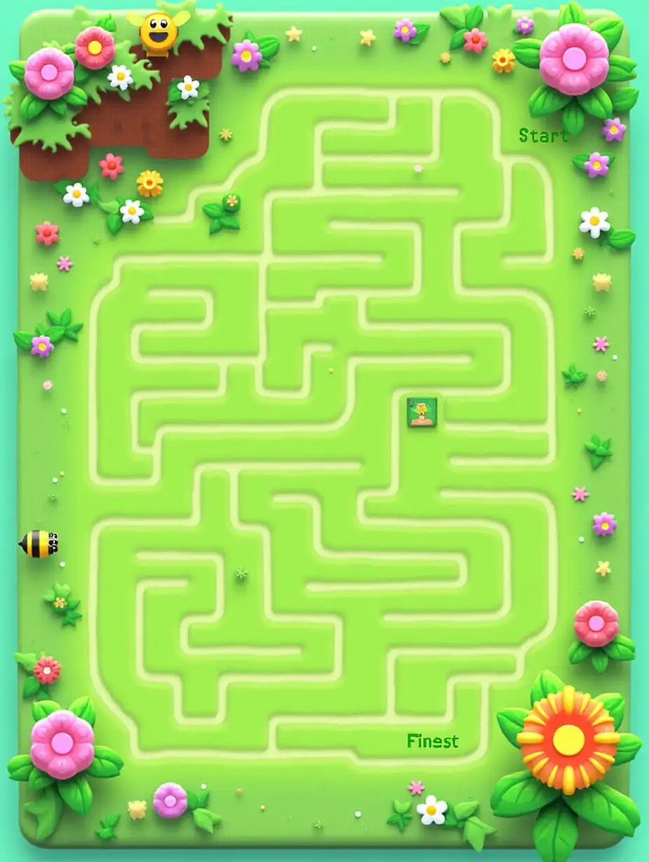 A well-designed, child-friendly maze seen from a top-down view, specifically created for preschool-aged children. The maze is set in a colorful, blocky field of flowers inspired by Minecraft, with clear, wide paths. The start of the maze is clearly marked with a cute Minecraft-style bee at the entrance, labeled 'Start', and the goal is a bright, blocky flower at the exit, labeled 'Finish'. The paths are easy to follow but provide just the right amount of challenge for a preschooler. The overall design is bright, engaging, and perfect for young children to solve and enjoy.